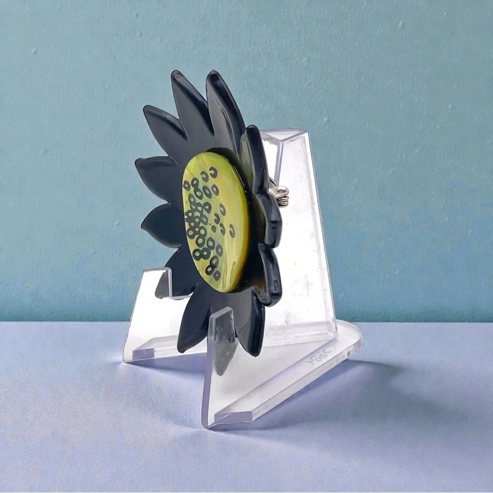 Vintage Artisan Resin Sunflower Brooch Black and Abalone Lime Green Handpainted